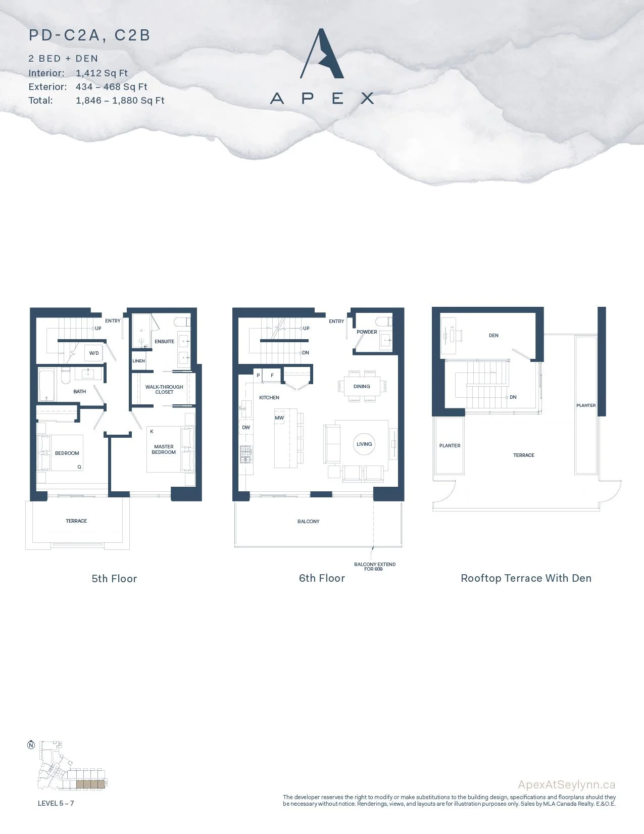 Apex plan PD-C2A and C2B, a two-storey two bedroom and den layout across the fifth and sixth floors with a rooftop terrace and den