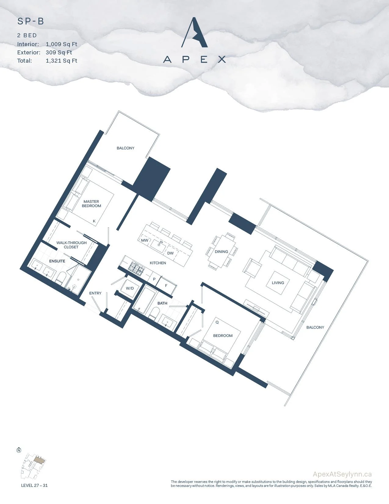 Apex plan SP-B, a two bedroom sub-penthouse layout with two balconies and a central kitchen and dining space