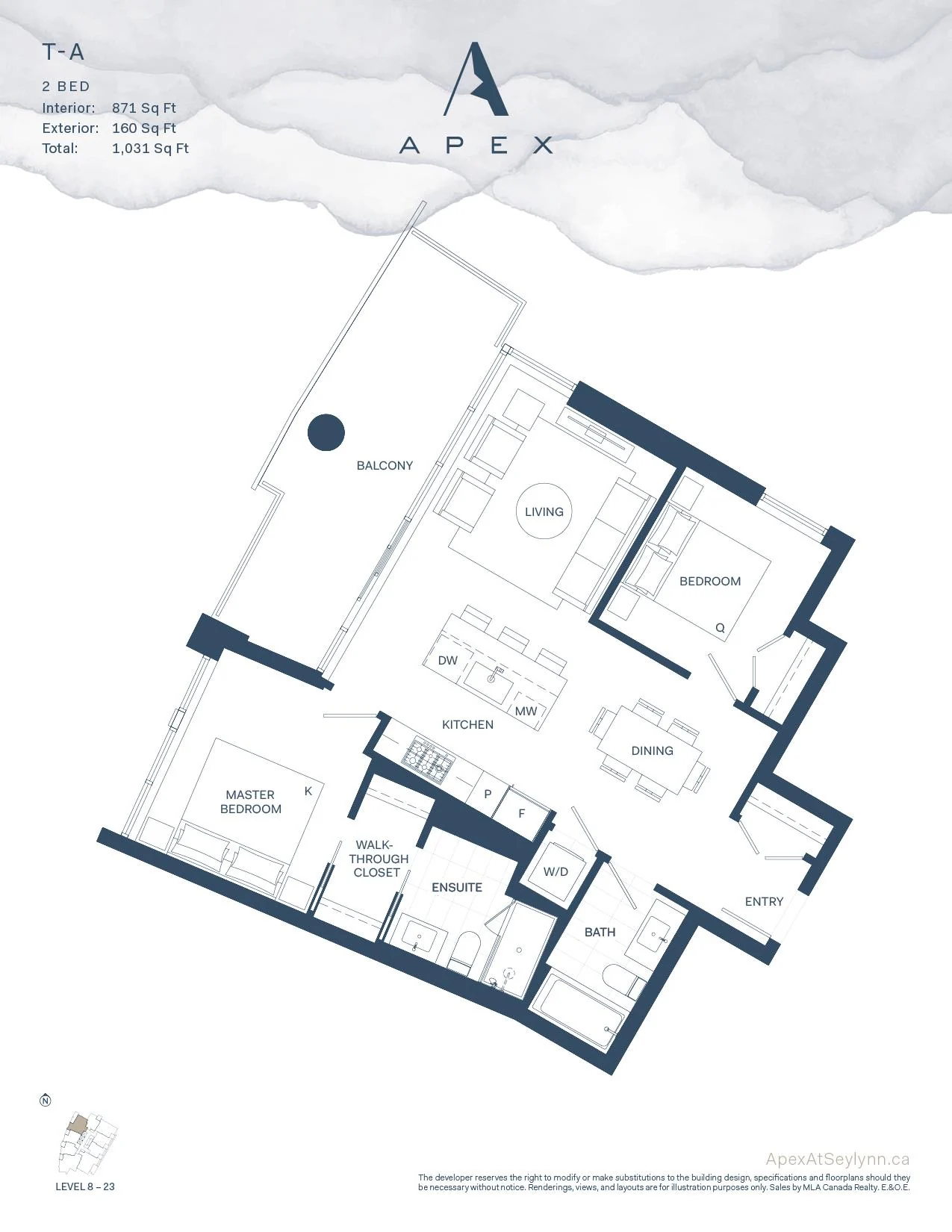 Apex plan T-A, a two bedroom layout with balcony, walk-through closet, ensuite, and open kitchen and dining