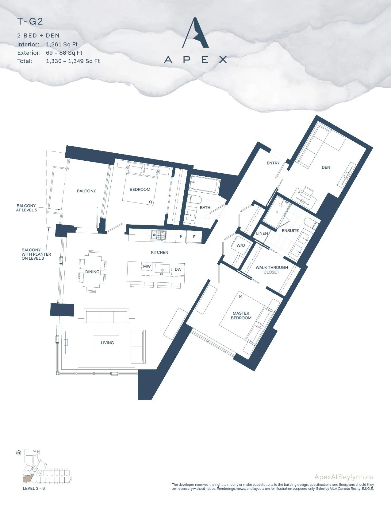 Apex plan T-G2, a two bedroom and den layout with two balconies, one with a planter, and a separate den