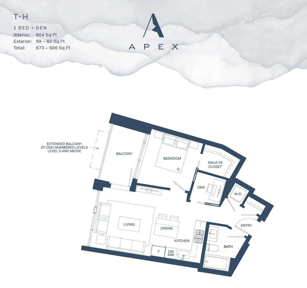Apex plan T-H, a one bedroom and den layout with balcony, walk-in closet, and open living and dining