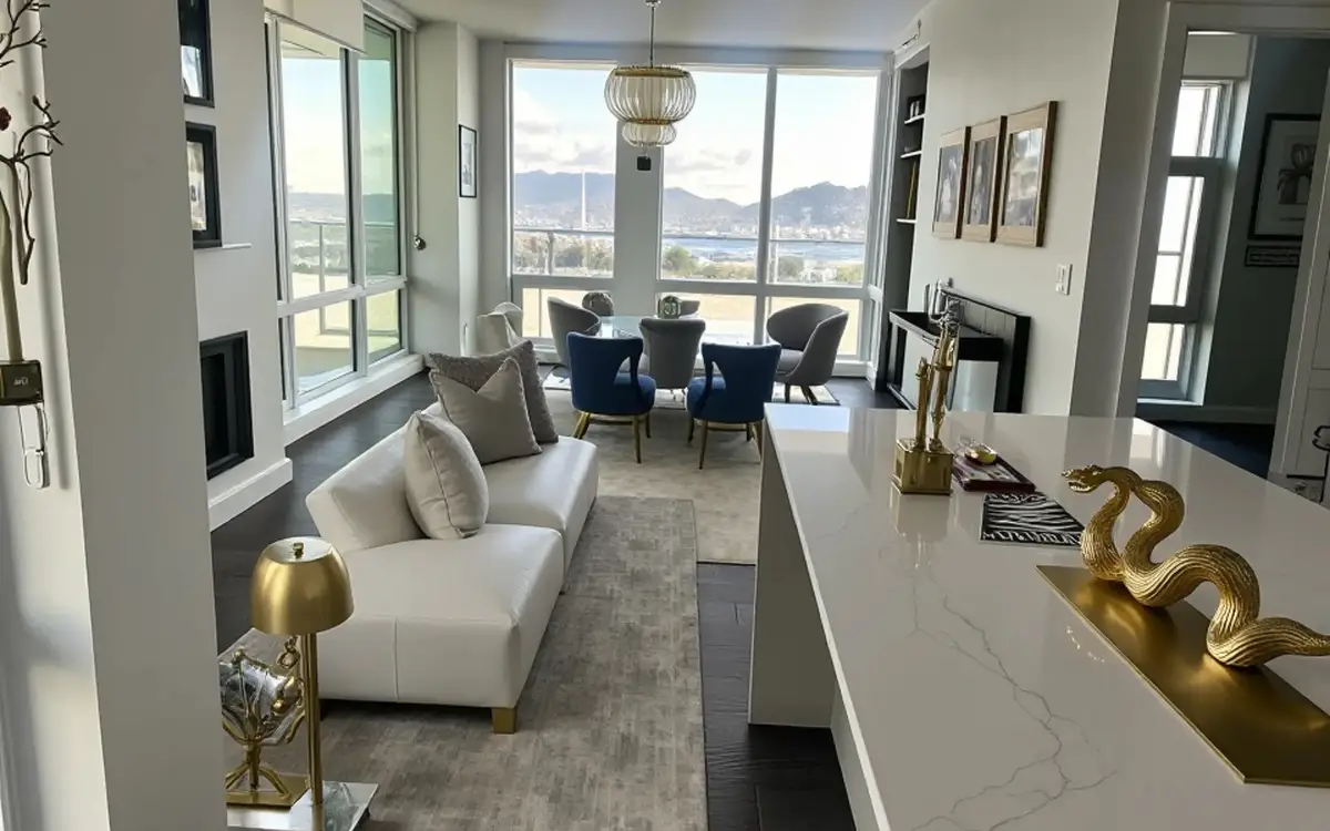Living and dining area with white sofa, marble counter, and harbour view beyond