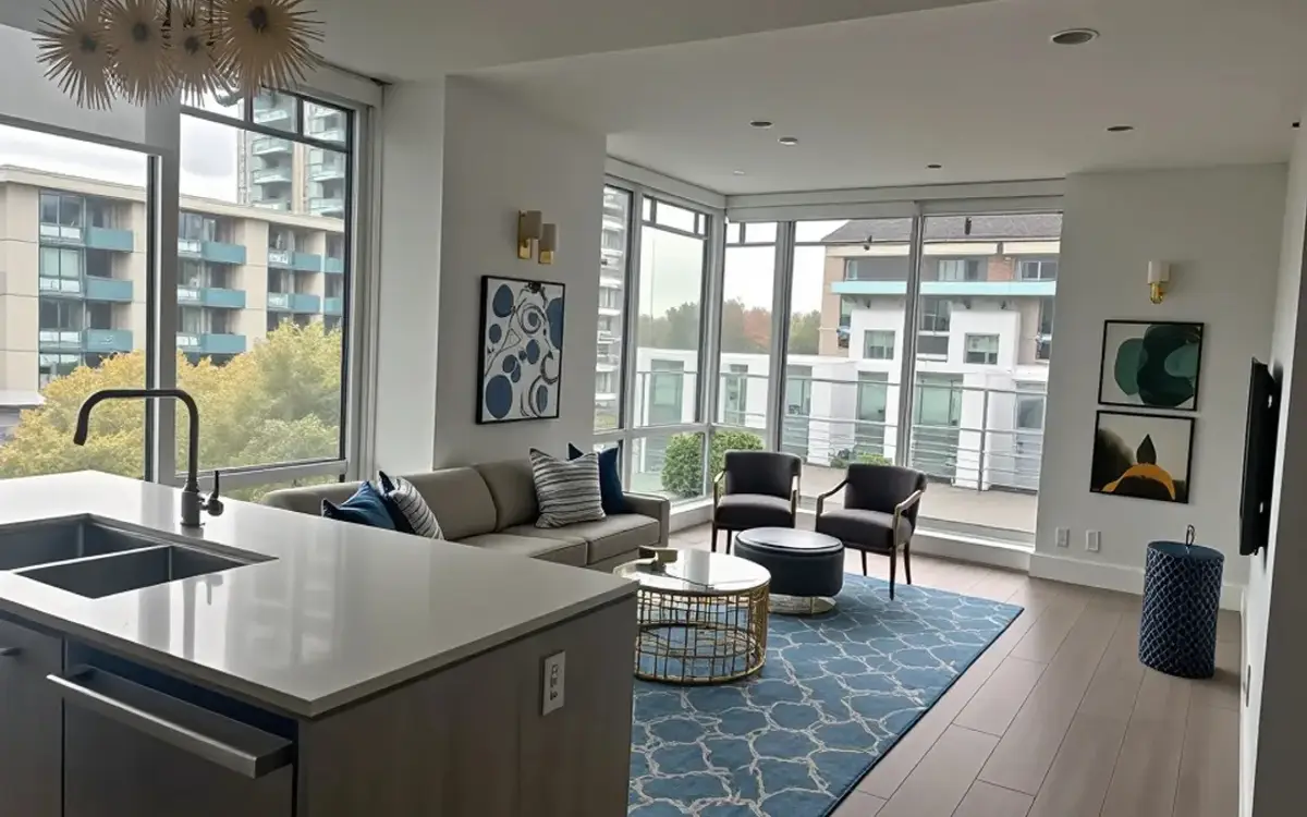 Open-plan kitchen and living room with corner glazing onto neighbouring buildings and trees