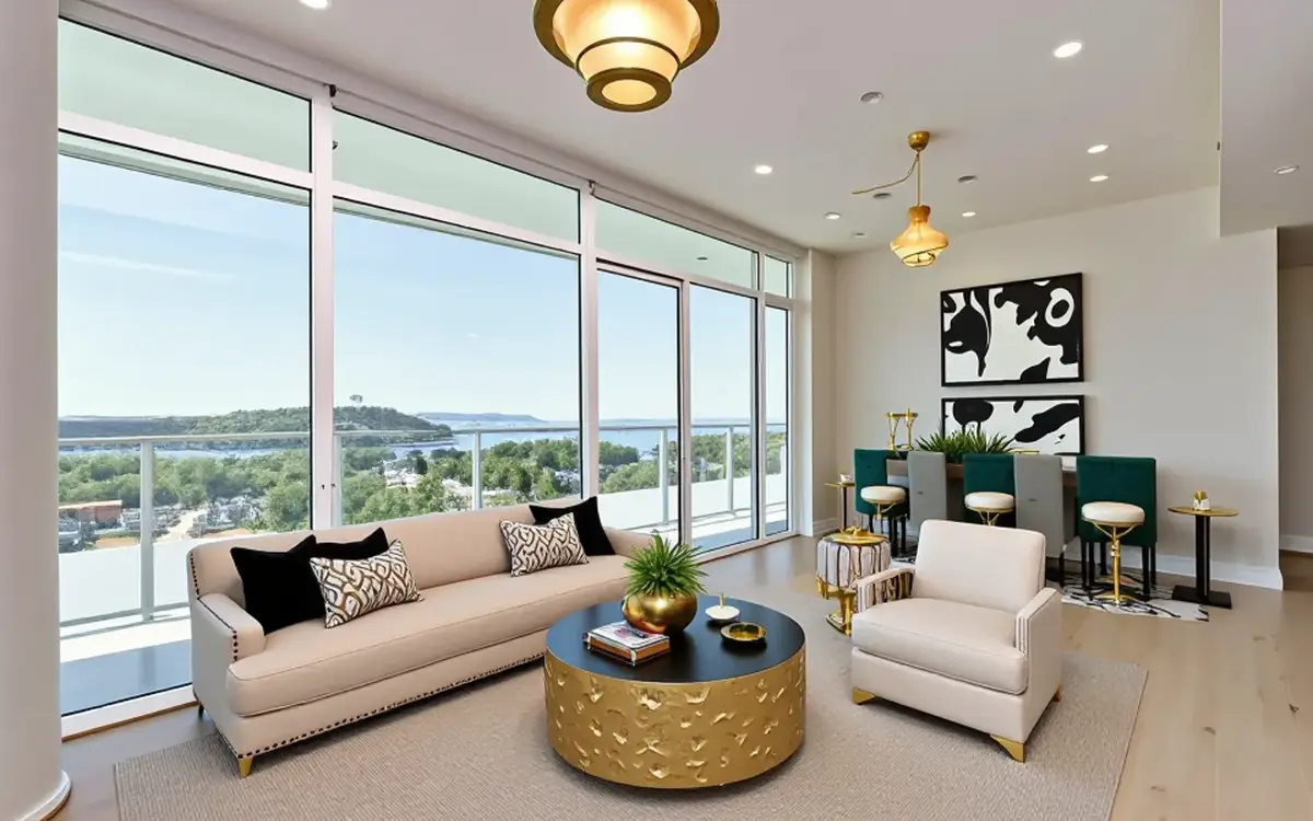 Bright living and dining room with floor-to-ceiling windows over Burrard Inlet