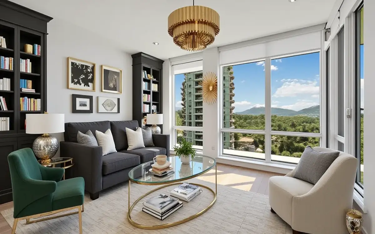 Staged den with dark built-in shelving, brass chandelier, and a mountain outlook