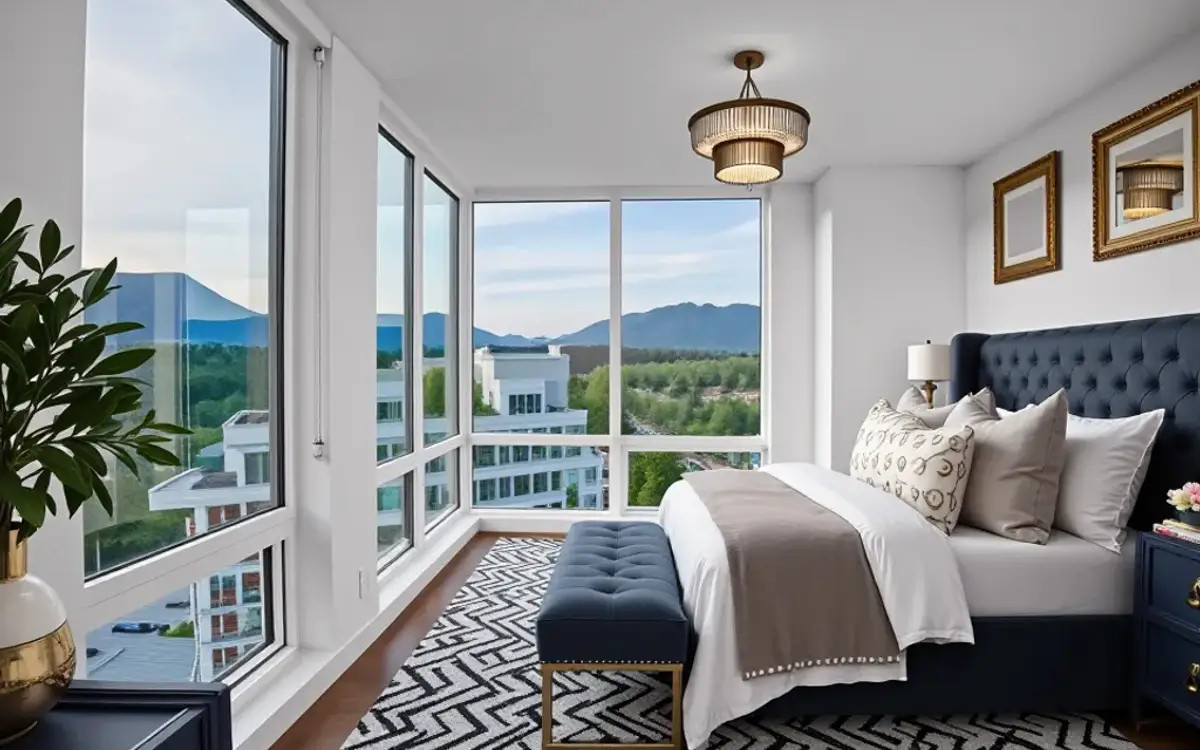 Bedroom with a navy tufted bed, gilt mirrors, and floor-to-ceiling mountain views