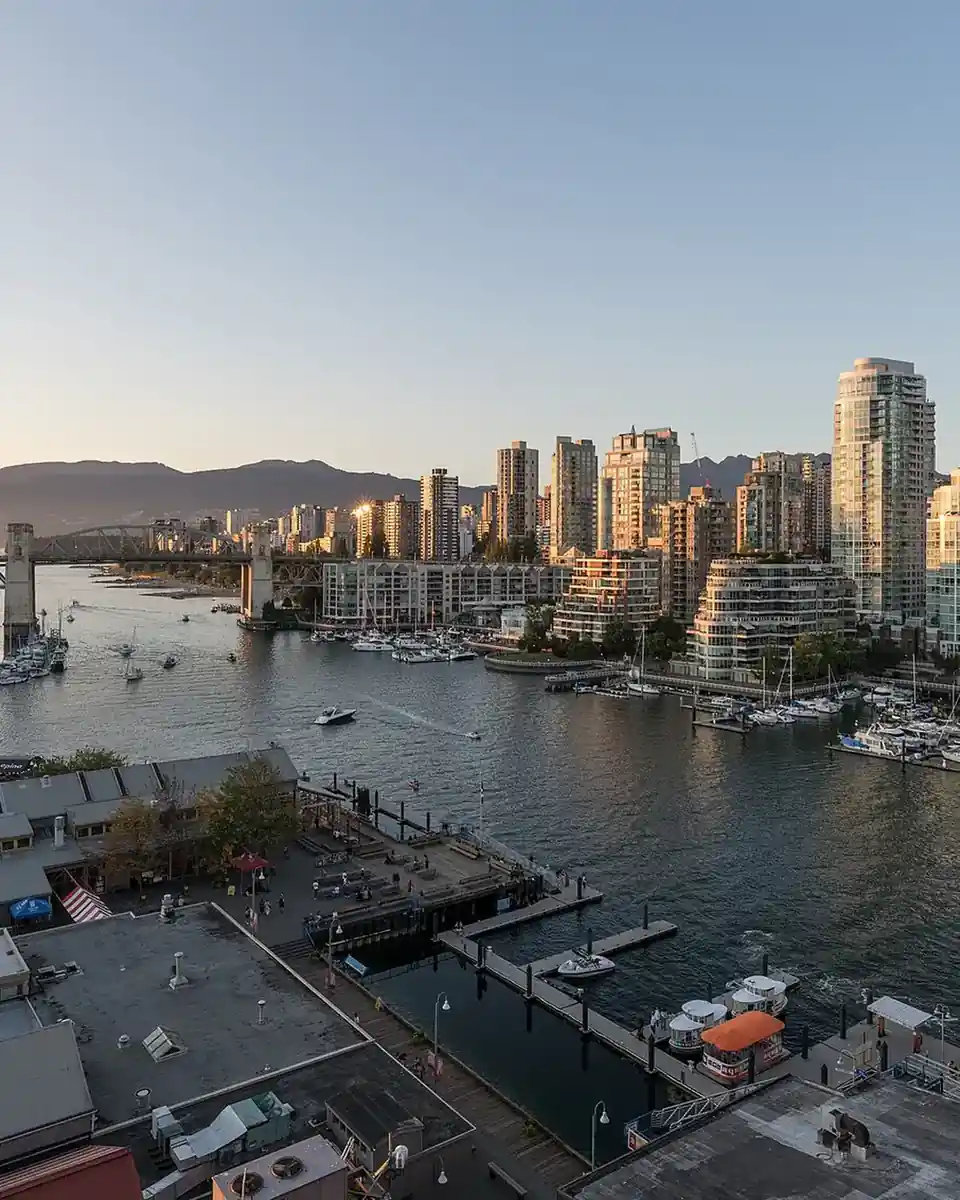 Vancouver cityscape at sunset, seen from above