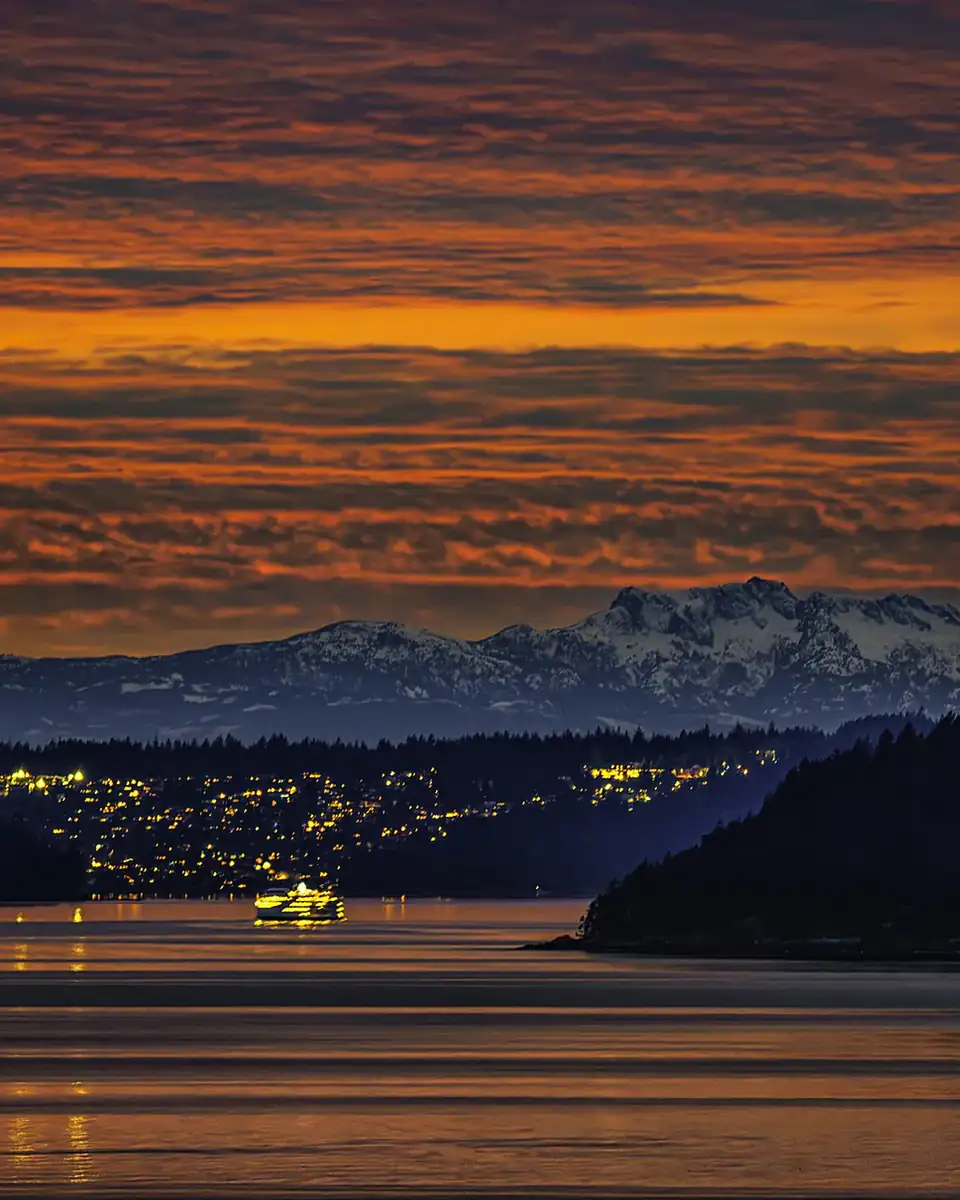 Coastal BC shoreline near Vancouver at golden hour