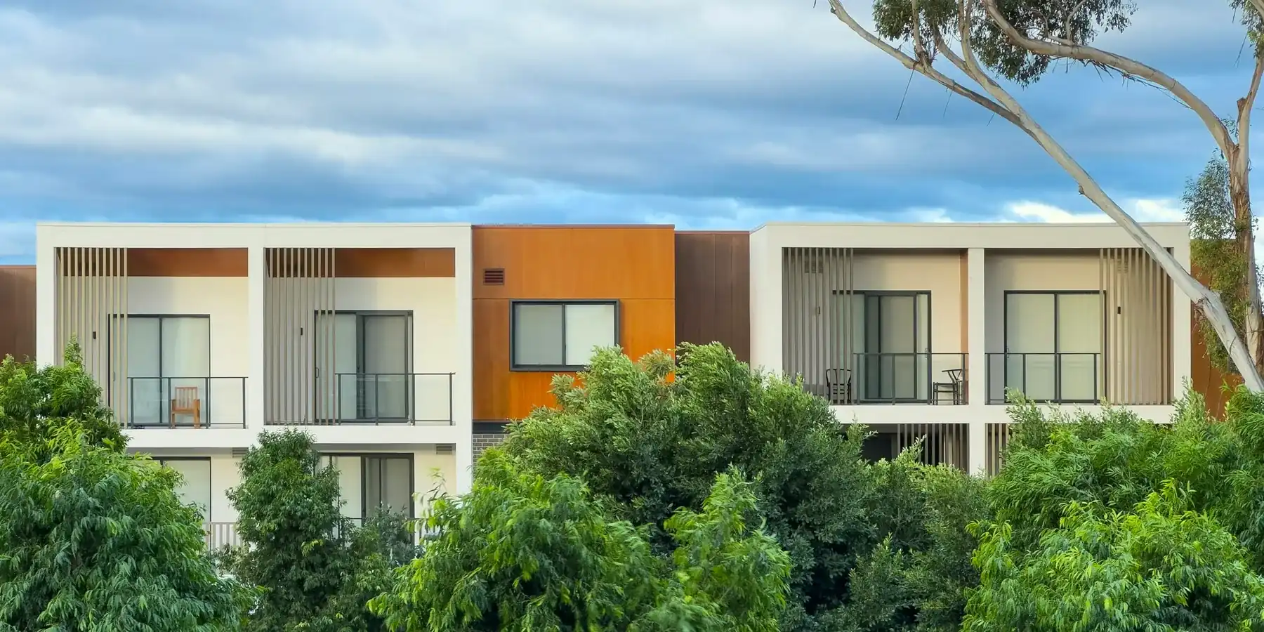 Boutique modern lowrise homes at WREN Upper Westside framed by mature trees